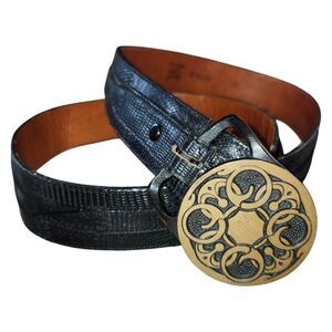 Tech Ether Guild "Baldric" Brass Buckle Tony Lama Black Reptile Belt. Sz. 38